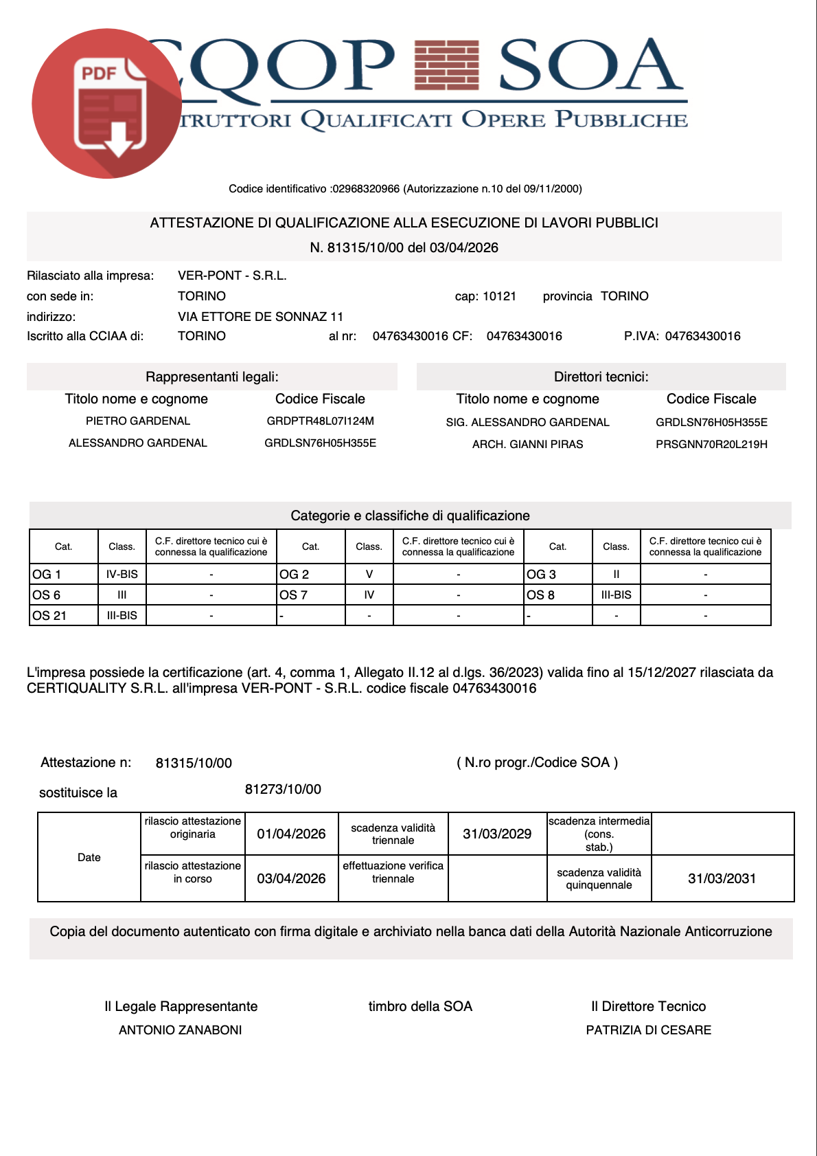 Attestazione CQOP SOA